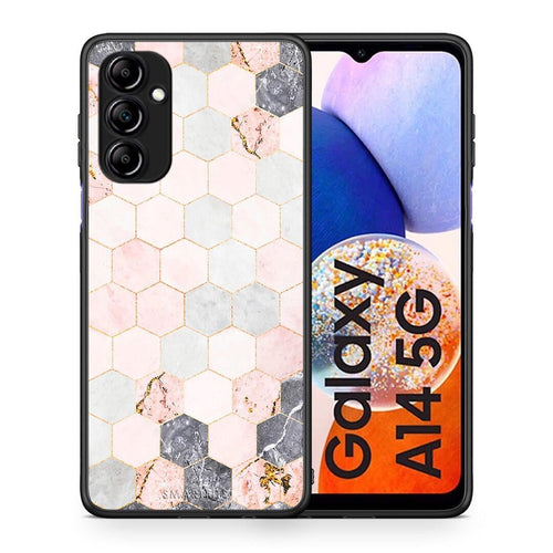 Θήκη Samsung Galaxy A14 / A14 5G Marble Hexagon Pink από τη Smartfits με σχέδιο στο πίσω μέρος και μαύρο περίβλημα | Samsung Galaxy A14 / A14 5G Marble Hexagon Pink Case with Colorful Back and Black Bezels