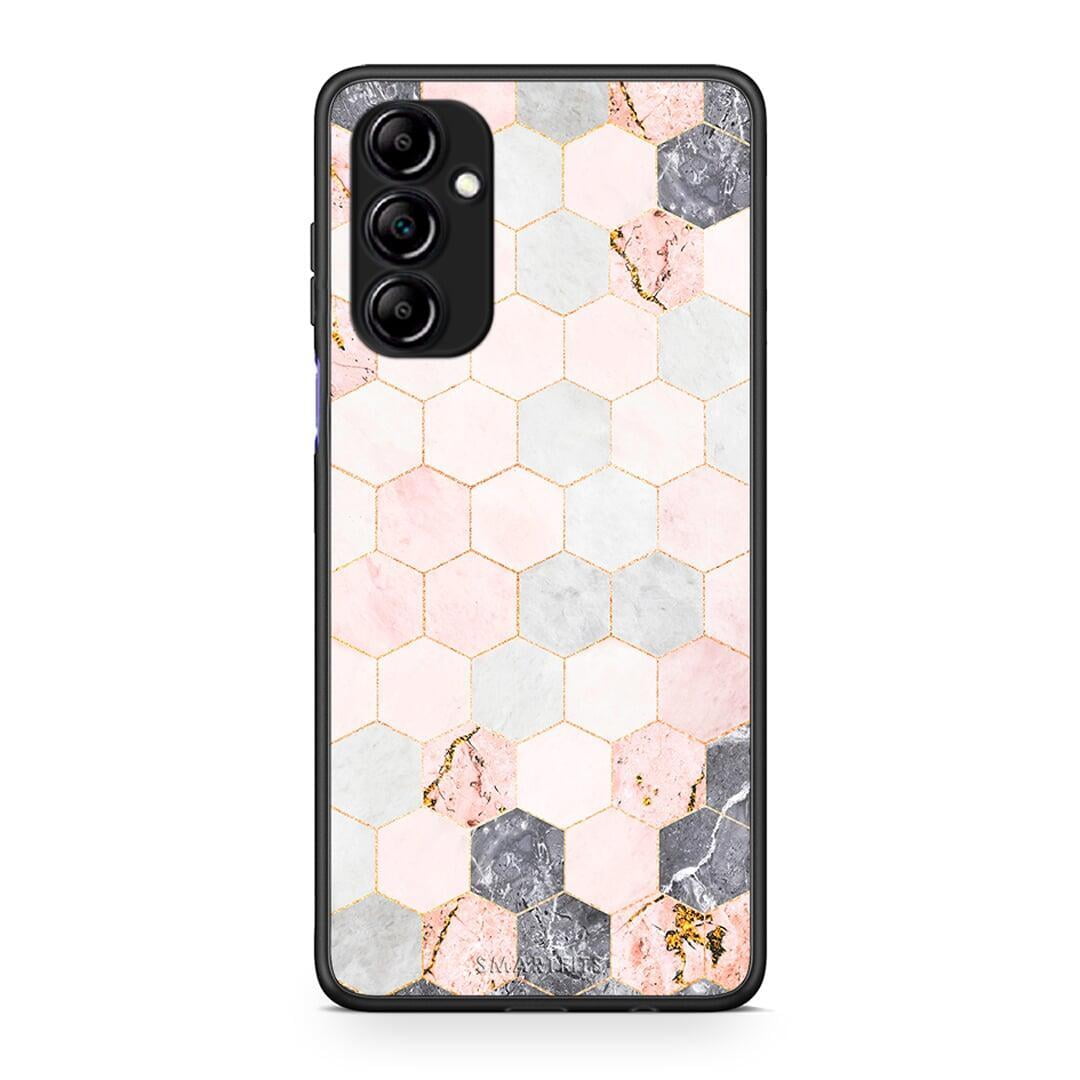 Θήκη Samsung Galaxy A14 / A14 5G Marble Hexagon Pink από τη Smartfits με σχέδιο στο πίσω μέρος και μαύρο περίβλημα | Samsung Galaxy A14 / A14 5G Marble Hexagon Pink Case with Colorful Back and Black Bezels