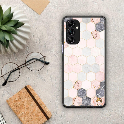 Θήκη Samsung Galaxy A14 / A14 5G Marble Hexagon Pink από τη Smartfits με σχέδιο στο πίσω μέρος και μαύρο περίβλημα | Samsung Galaxy A14 / A14 5G Marble Hexagon Pink Case with Colorful Back and Black Bezels