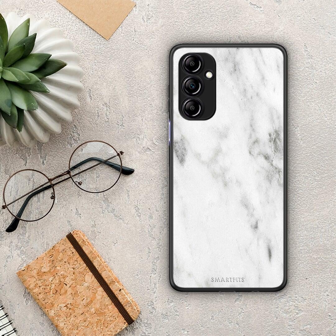 Θήκη Samsung Galaxy A14 / A14 5G Marble White από τη Smartfits με σχέδιο στο πίσω μέρος και μαύρο περίβλημα | Samsung Galaxy A14 / A14 5G Marble White Case with Colorful Back and Black Bezels