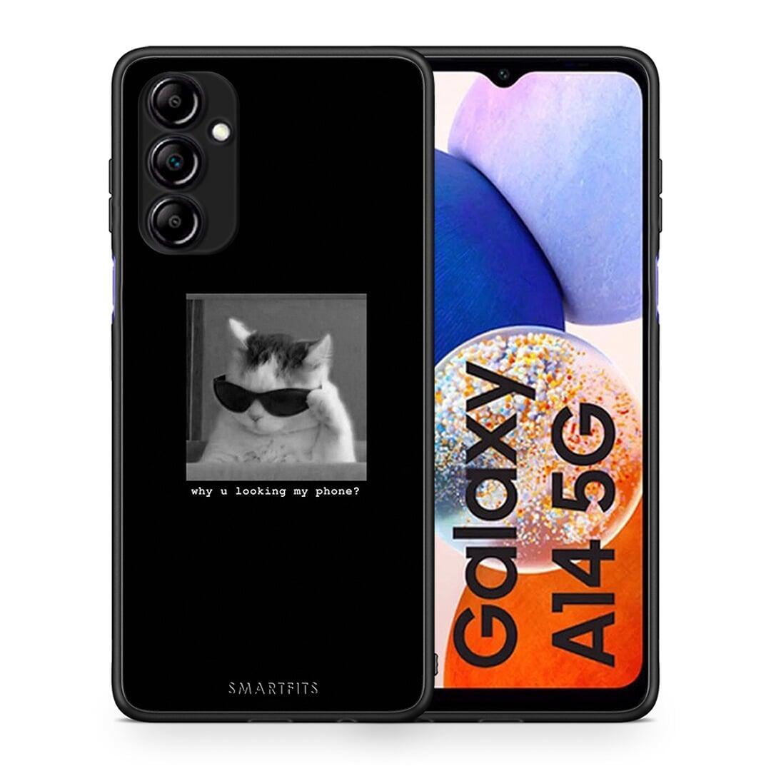 Θήκη Samsung Galaxy A14 / A14 5G Meme Cat από τη Smartfits με σχέδιο στο πίσω μέρος και μαύρο περίβλημα | Samsung Galaxy A14 / A14 5G Meme Cat Case with Colorful Back and Black Bezels