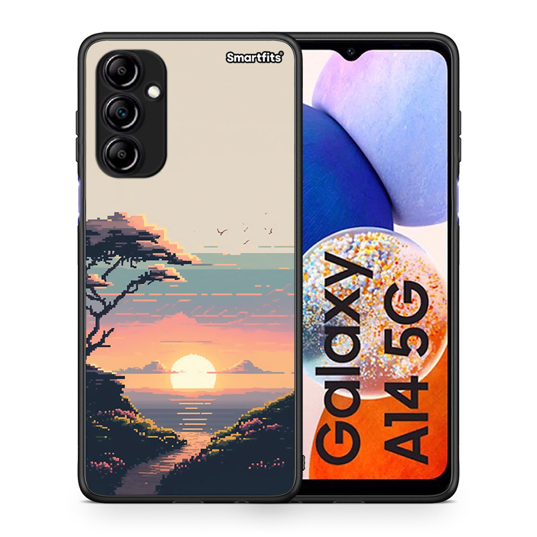 Θήκη Samsung Galaxy A14 / A14 5G Pixel Sunset από τη Smartfits με σχέδιο στο πίσω μέρος και μαύρο περίβλημα | Samsung Galaxy A14 / A14 5G Pixel Sunset Case with Colorful Back and Black Bezels