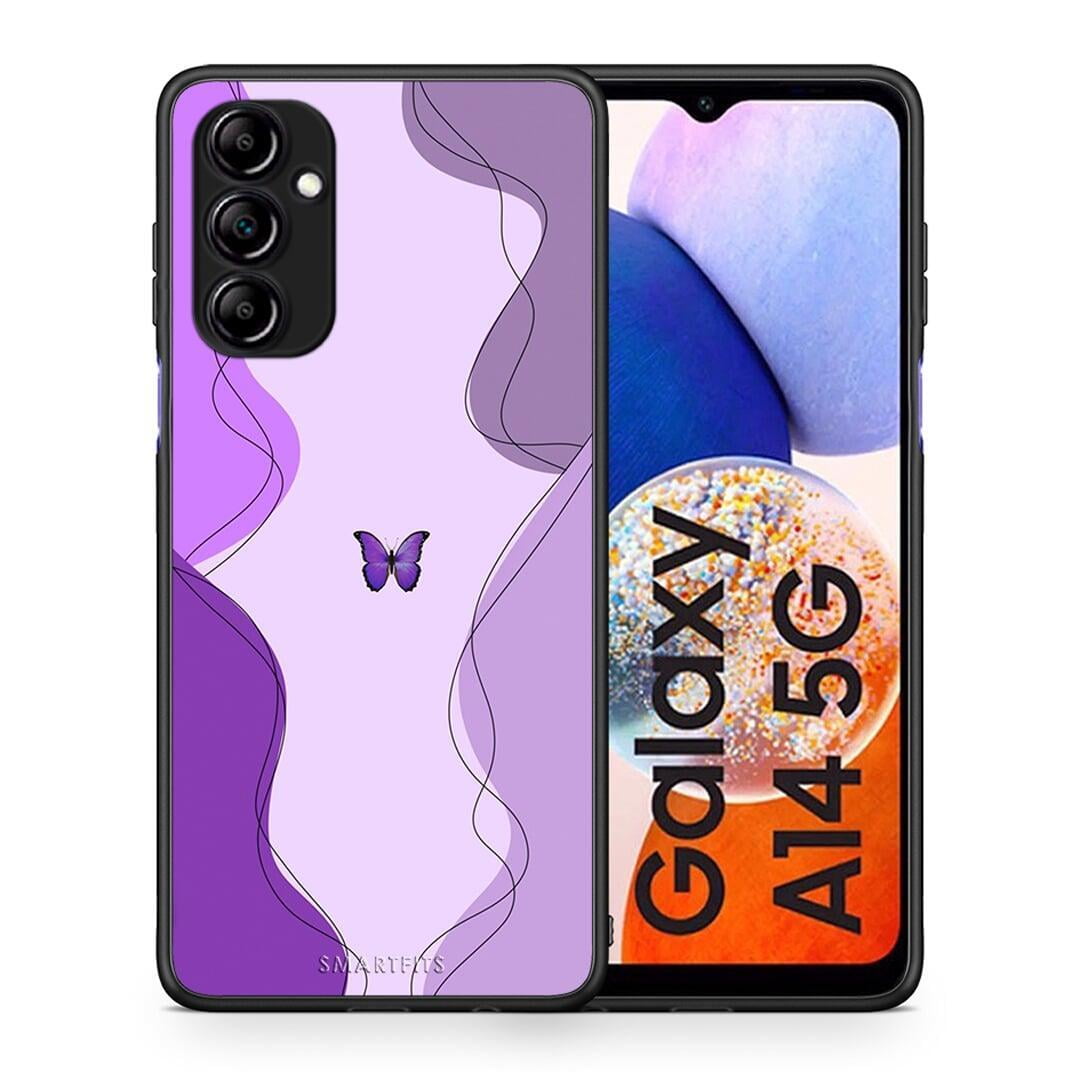 Θήκη Samsung Galaxy A14 / A14 5G Purple Mariposa από τη Smartfits με σχέδιο στο πίσω μέρος και μαύρο περίβλημα | Samsung Galaxy A14 / A14 5G Purple Mariposa Case with Colorful Back and Black Bezels