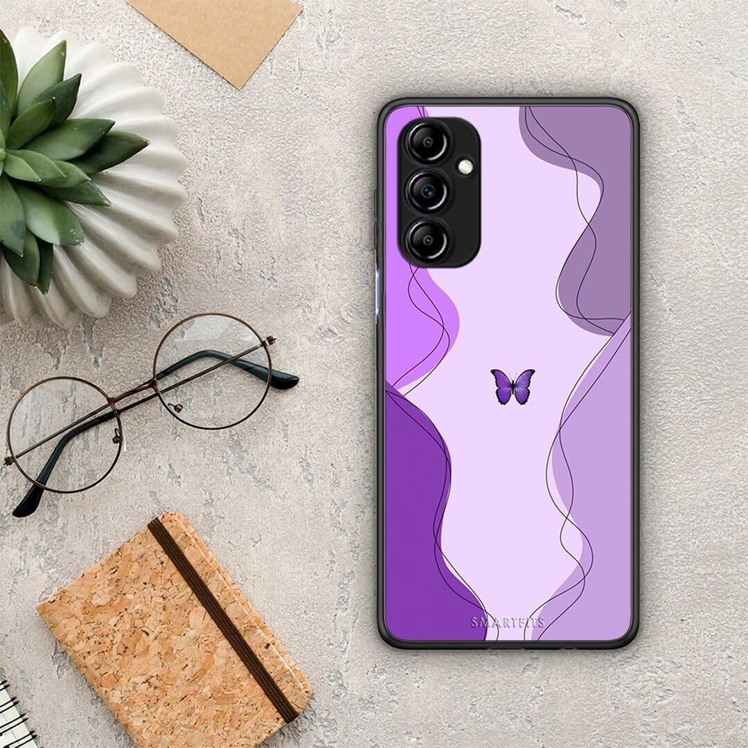 Θήκη Samsung Galaxy A14 / A14 5G Purple Mariposa από τη Smartfits με σχέδιο στο πίσω μέρος και μαύρο περίβλημα | Samsung Galaxy A14 / A14 5G Purple Mariposa Case with Colorful Back and Black Bezels