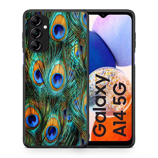 Θήκη Samsung Galaxy A14 / A14 5G Real Peacock Feathers από τη Smartfits με σχέδιο στο πίσω μέρος και μαύρο περίβλημα | Samsung Galaxy A14 / A14 5G Real Peacock Feathers Case with Colorful Back and Black Bezels
