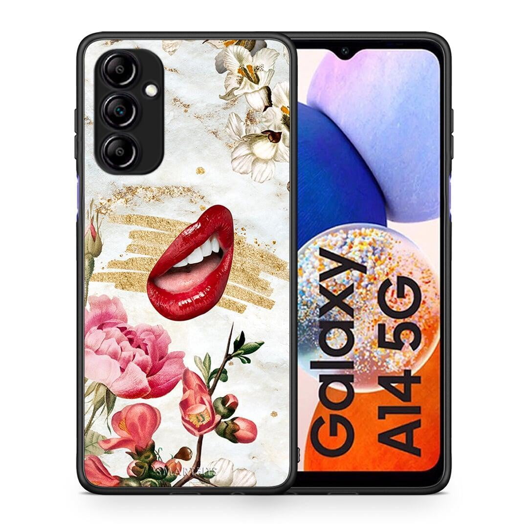 Θήκη Samsung Galaxy A14 / A14 5G Red Lips από τη Smartfits με σχέδιο στο πίσω μέρος και μαύρο περίβλημα | Samsung Galaxy A14 / A14 5G Red Lips Case with Colorful Back and Black Bezels