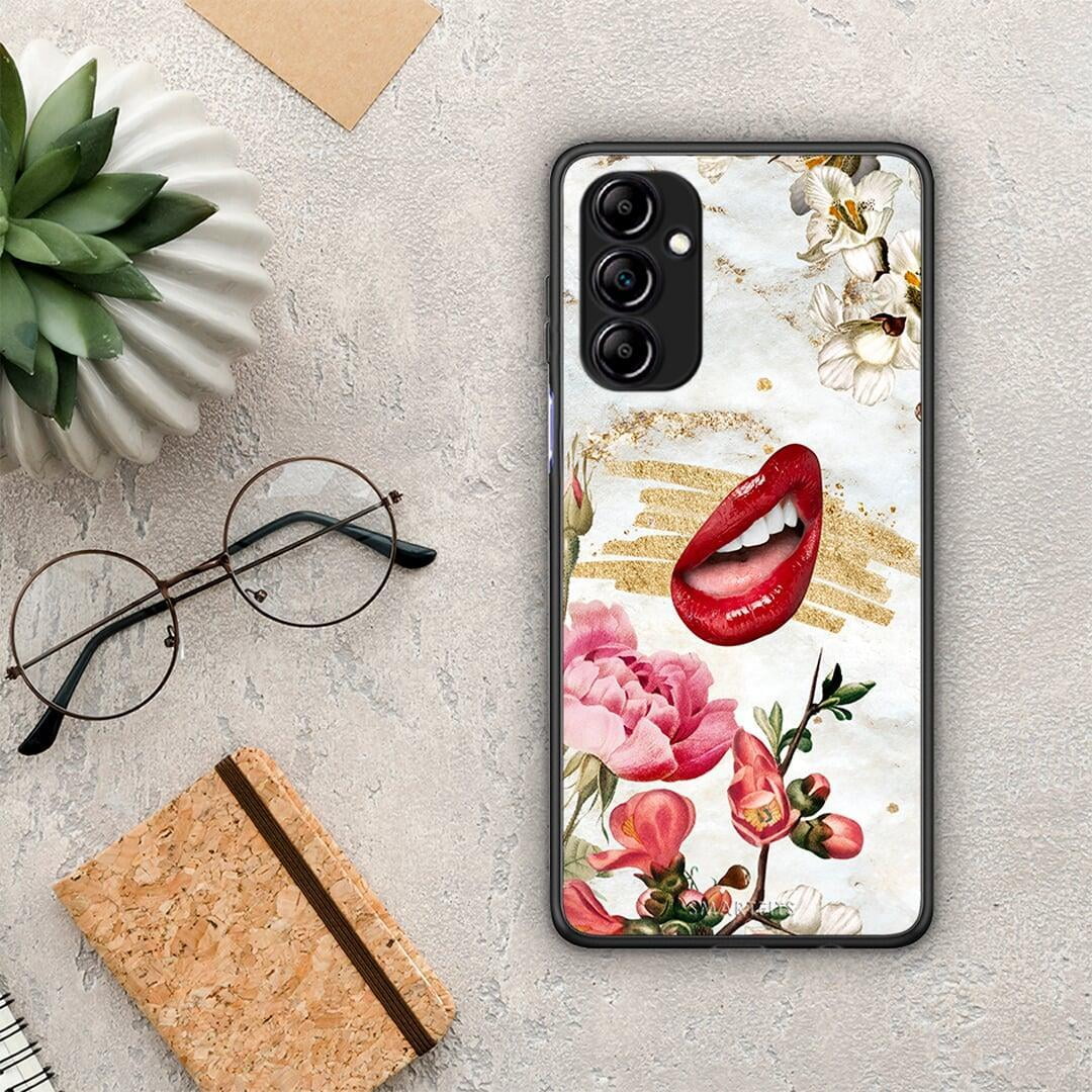 Θήκη Samsung Galaxy A14 / A14 5G Red Lips από τη Smartfits με σχέδιο στο πίσω μέρος και μαύρο περίβλημα | Samsung Galaxy A14 / A14 5G Red Lips Case with Colorful Back and Black Bezels