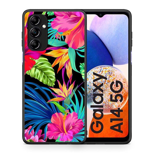 Θήκη Samsung Galaxy A14 / A14 5G Tropical Flowers από τη Smartfits με σχέδιο στο πίσω μέρος και μαύρο περίβλημα | Samsung Galaxy A14 / A14 5G Tropical Flowers Case with Colorful Back and Black Bezels