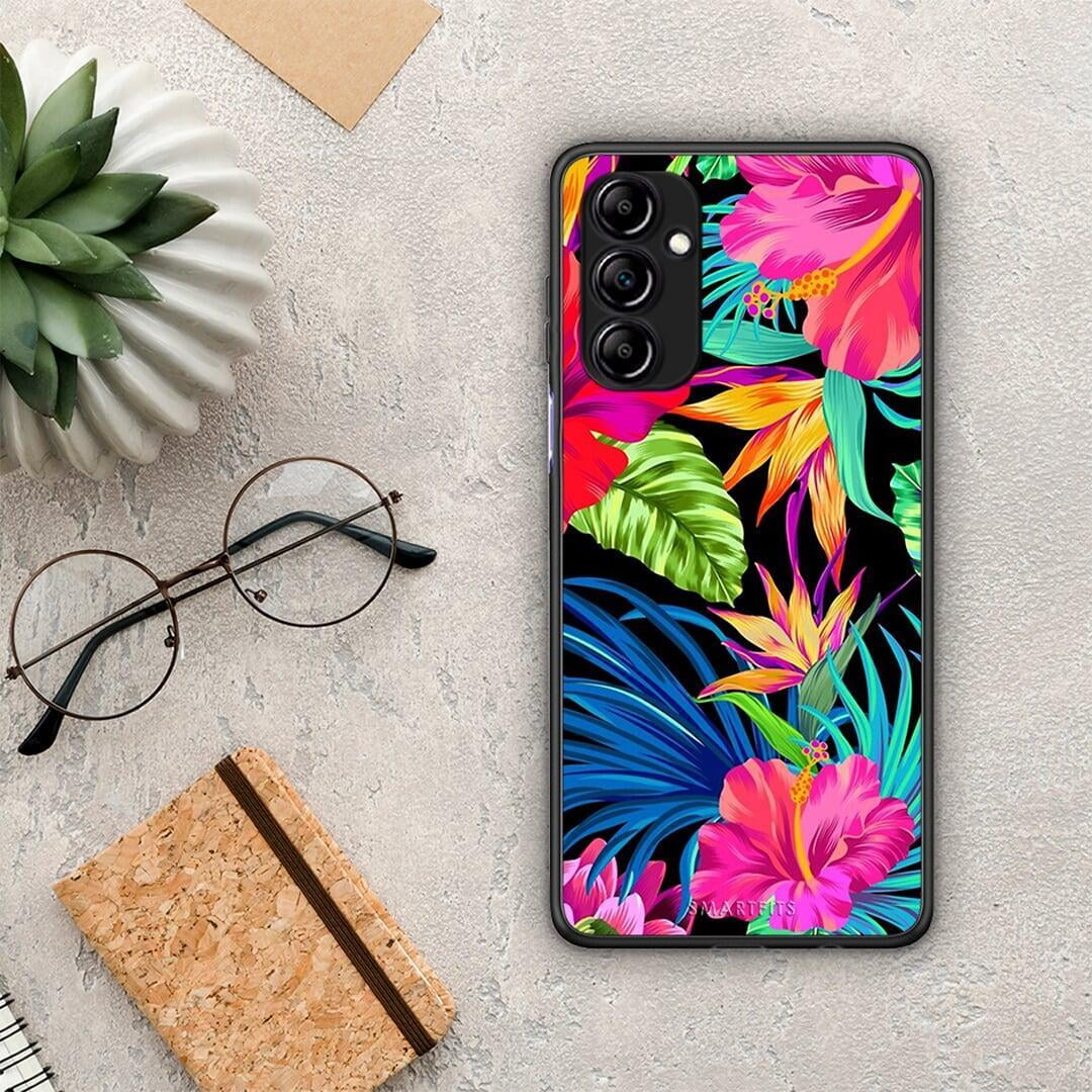 Θήκη Samsung Galaxy A14 / A14 5G Tropical Flowers από τη Smartfits με σχέδιο στο πίσω μέρος και μαύρο περίβλημα | Samsung Galaxy A14 / A14 5G Tropical Flowers Case with Colorful Back and Black Bezels
