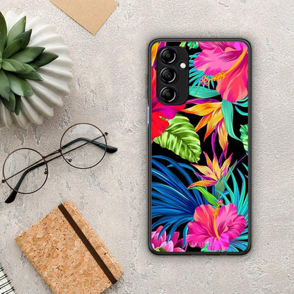 Θήκη Samsung Galaxy A14 / A14 5G Tropical Flowers από τη Smartfits με σχέδιο στο πίσω μέρος και μαύρο περίβλημα | Samsung Galaxy A14 / A14 5G Tropical Flowers Case with Colorful Back and Black Bezels