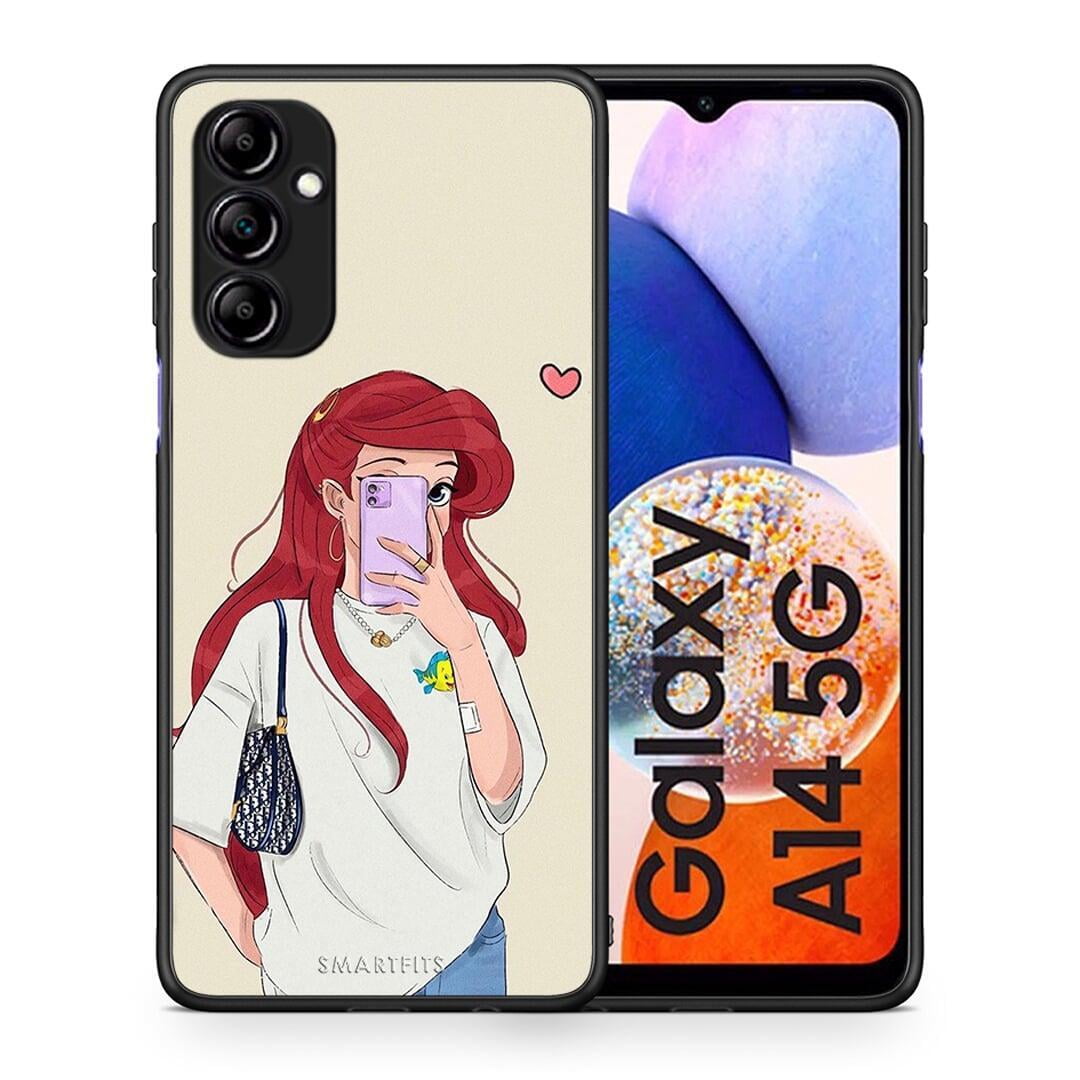 Θήκη Samsung Galaxy A14 / A14 5G Walking Mermaid από τη Smartfits με σχέδιο στο πίσω μέρος και μαύρο περίβλημα | Samsung Galaxy A14 / A14 5G Walking Mermaid Case with Colorful Back and Black Bezels