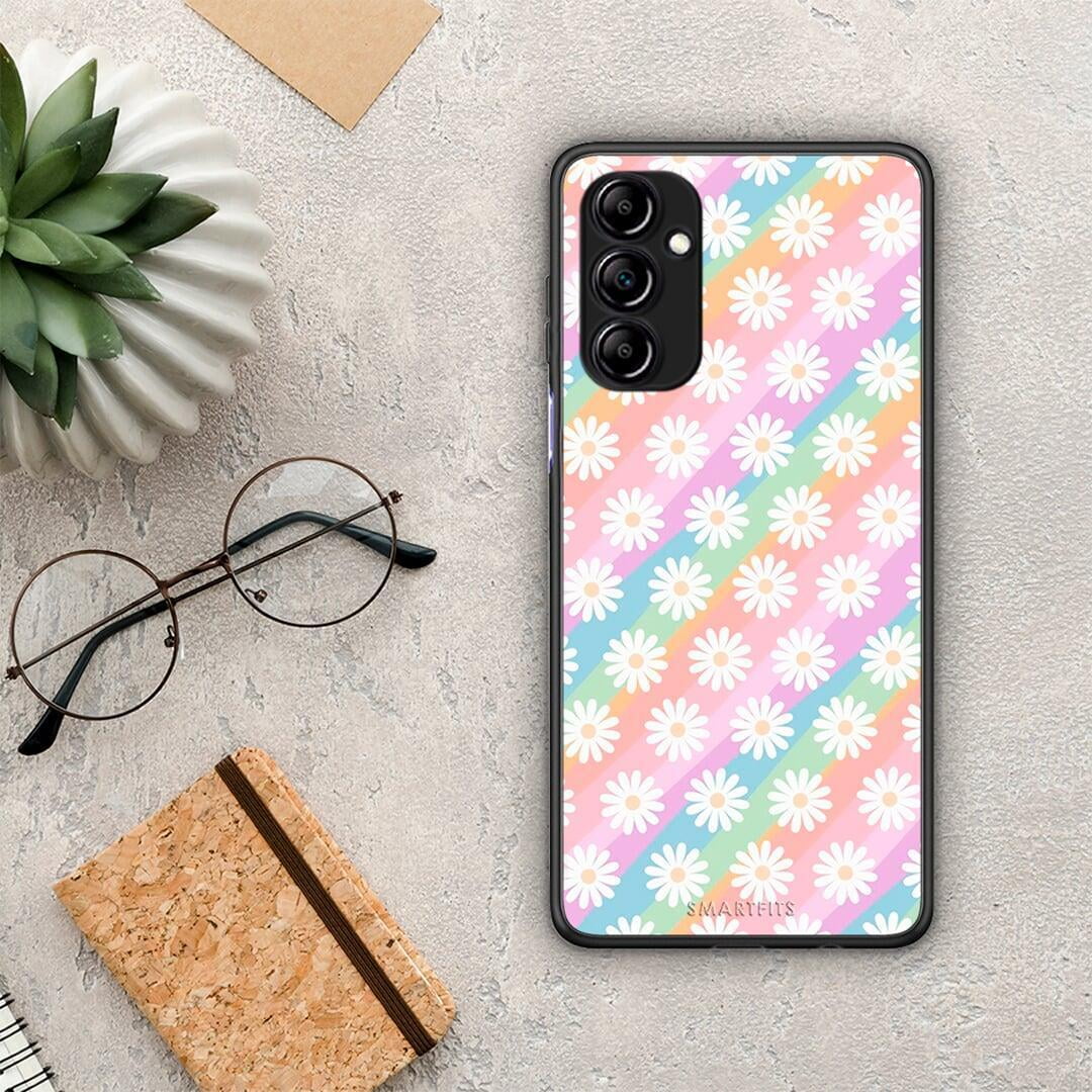 Θήκη Samsung Galaxy A14 / A14 5G White Daisies από τη Smartfits με σχέδιο στο πίσω μέρος και μαύρο περίβλημα | Samsung Galaxy A14 / A14 5G White Daisies Case with Colorful Back and Black Bezels