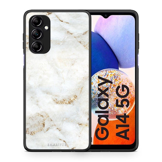 Θήκη Samsung Galaxy A14 / A14 5G White Gold Marble από τη Smartfits με σχέδιο στο πίσω μέρος και μαύρο περίβλημα | Samsung Galaxy A14 / A14 5G White Gold Marble Case with Colorful Back and Black Bezels