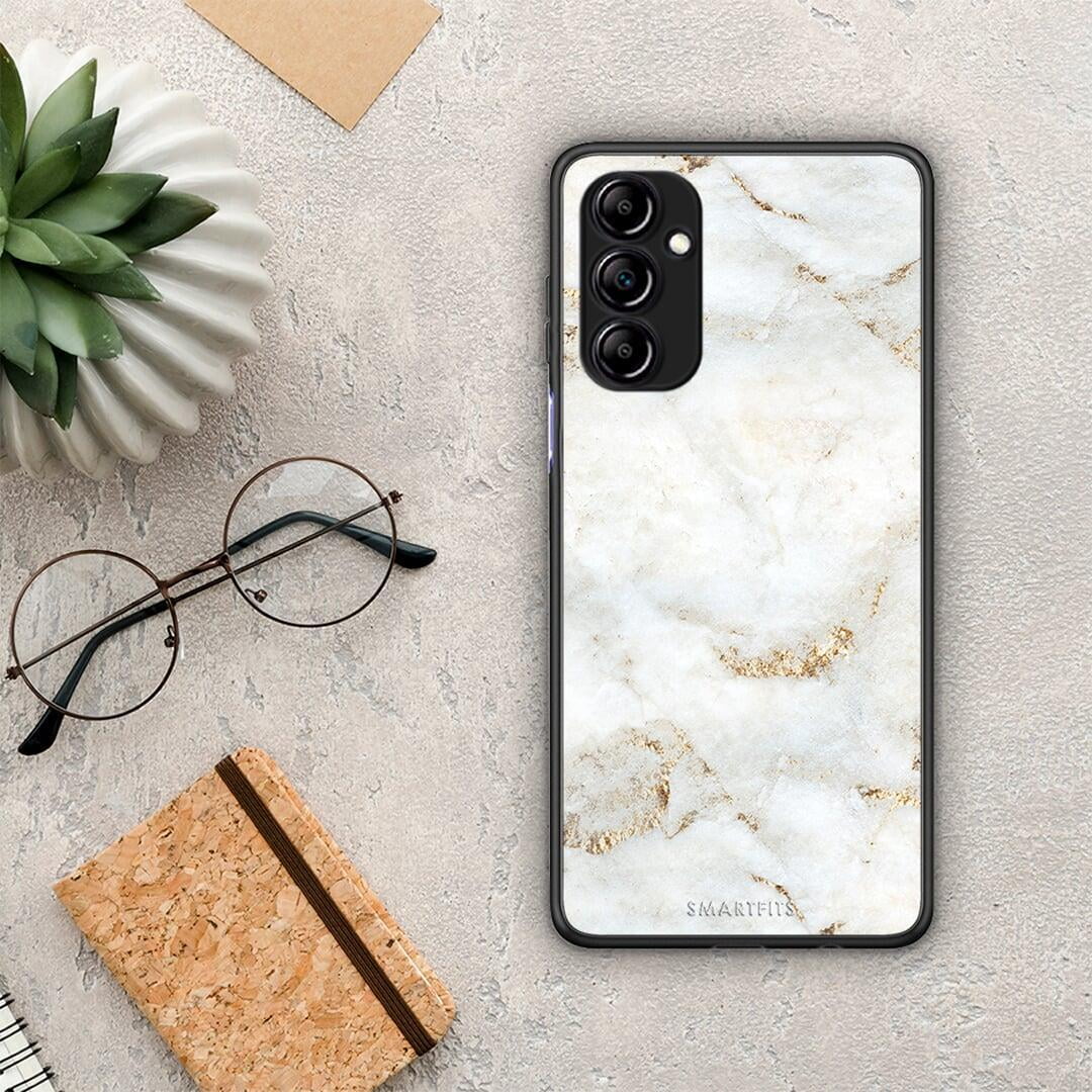 Θήκη Samsung Galaxy A14 / A14 5G White Gold Marble από τη Smartfits με σχέδιο στο πίσω μέρος και μαύρο περίβλημα | Samsung Galaxy A14 / A14 5G White Gold Marble Case with Colorful Back and Black Bezels