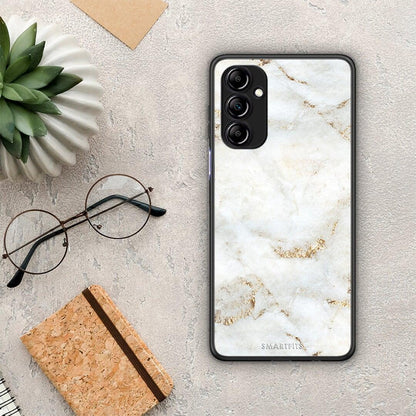 Θήκη Samsung Galaxy A14 / A14 5G White Gold Marble από τη Smartfits με σχέδιο στο πίσω μέρος και μαύρο περίβλημα | Samsung Galaxy A14 / A14 5G White Gold Marble Case with Colorful Back and Black Bezels