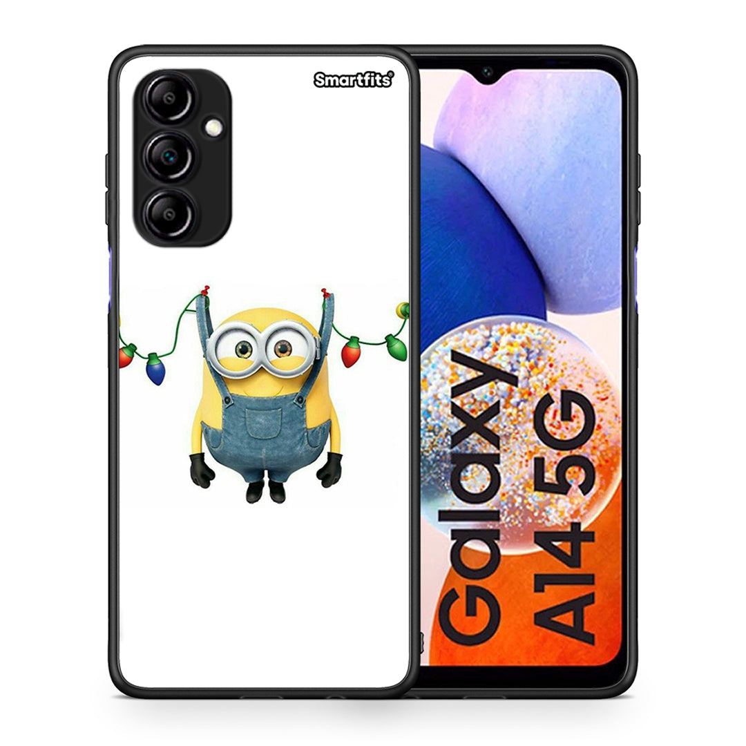 Θήκη Samsung Galaxy A14 / A14 5G Xmas Minion Lights από τη Smartfits με σχέδιο στο πίσω μέρος και μαύρο περίβλημα | Samsung Galaxy A14 / A14 5G Xmas Minion Lights Case with Colorful Back and Black Bezels