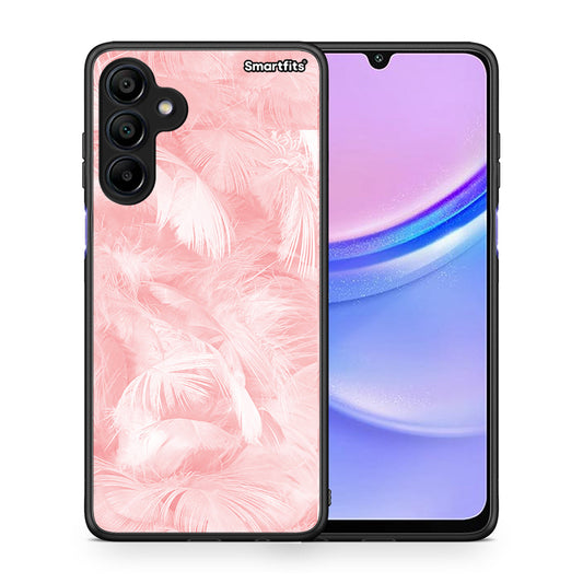 Θήκη Samsung Galaxy A15 4G Pink Feather Boho από τη Smartfits με σχέδιο στο πίσω μέρος και μαύρο περίβλημα | Samsung Galaxy A15 4G Pink Feather Boho case with colorful back and black bezels