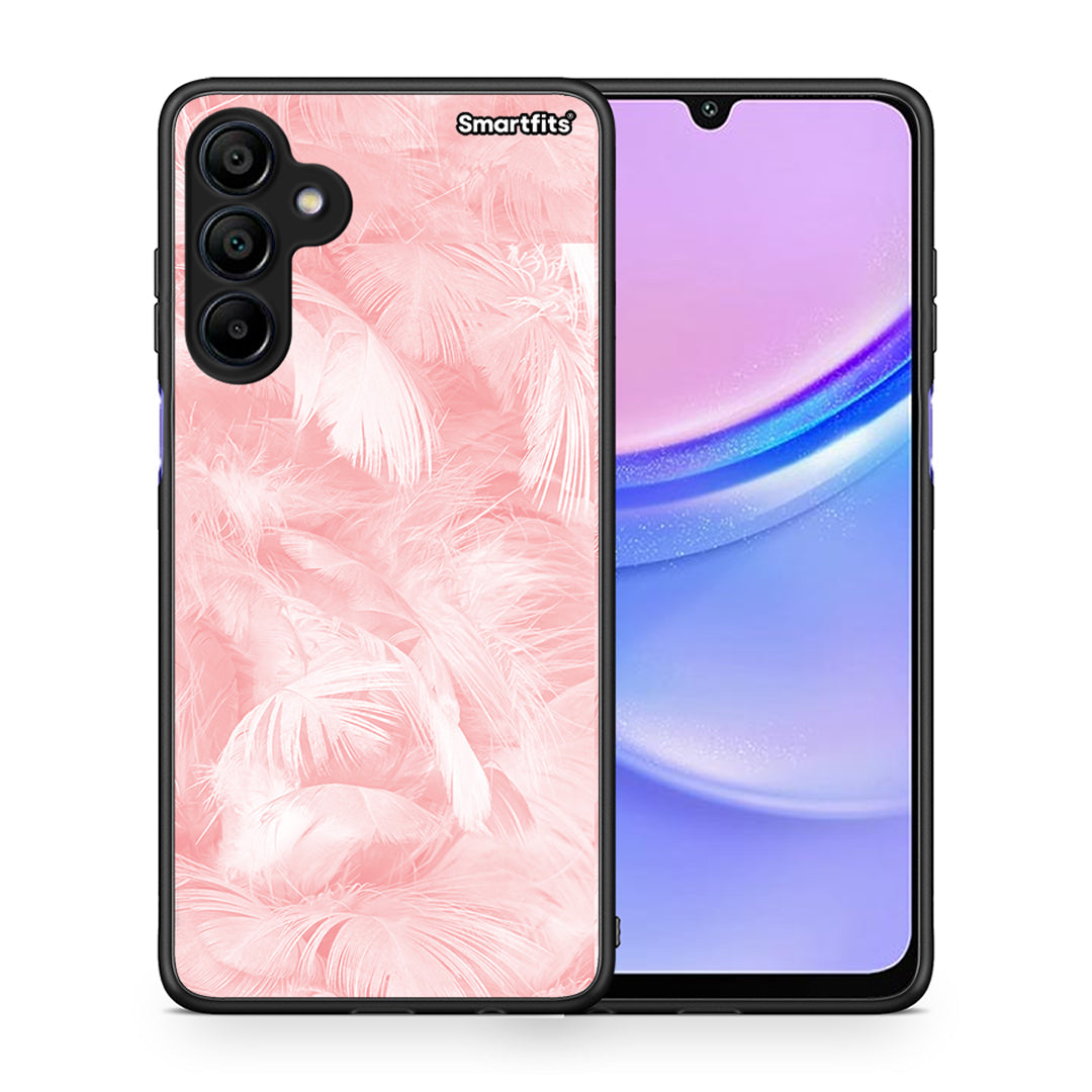 Θήκη Samsung Galaxy A15 4G Pink Feather Boho από τη Smartfits με σχέδιο στο πίσω μέρος και μαύρο περίβλημα | Samsung Galaxy A15 4G Pink Feather Boho case with colorful back and black bezels