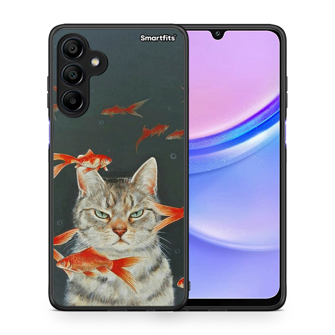 Θήκη Samsung Galaxy A15 4G Cat Goldfish από τη Smartfits με σχέδιο στο πίσω μέρος και μαύρο περίβλημα | Samsung Galaxy A15 4G Cat Goldfish case with colorful back and black bezels