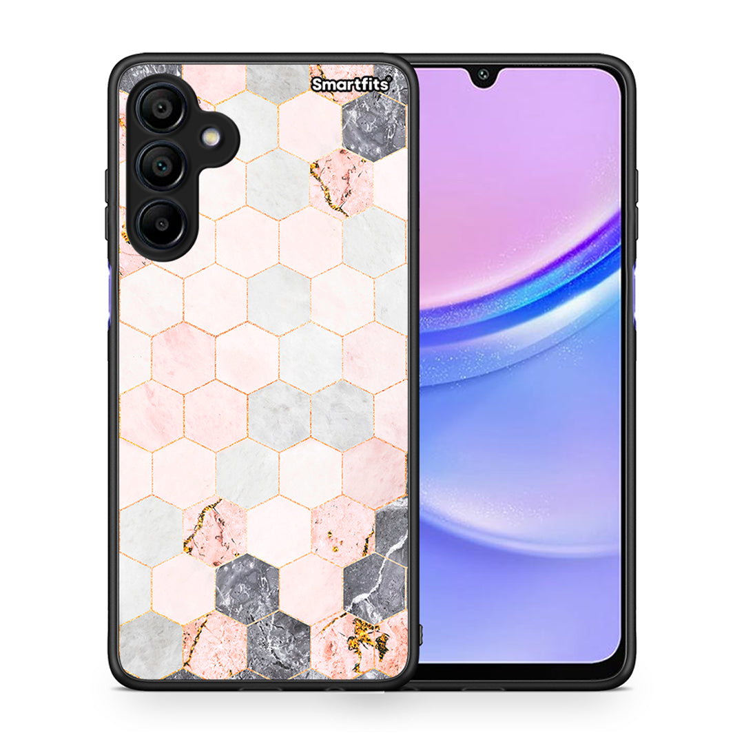 Θήκη Samsung Galaxy A15 4G Hexagon Pink Marble από τη Smartfits με σχέδιο στο πίσω μέρος και μαύρο περίβλημα | Samsung Galaxy A15 4G Hexagon Pink Marble case with colorful back and black bezels