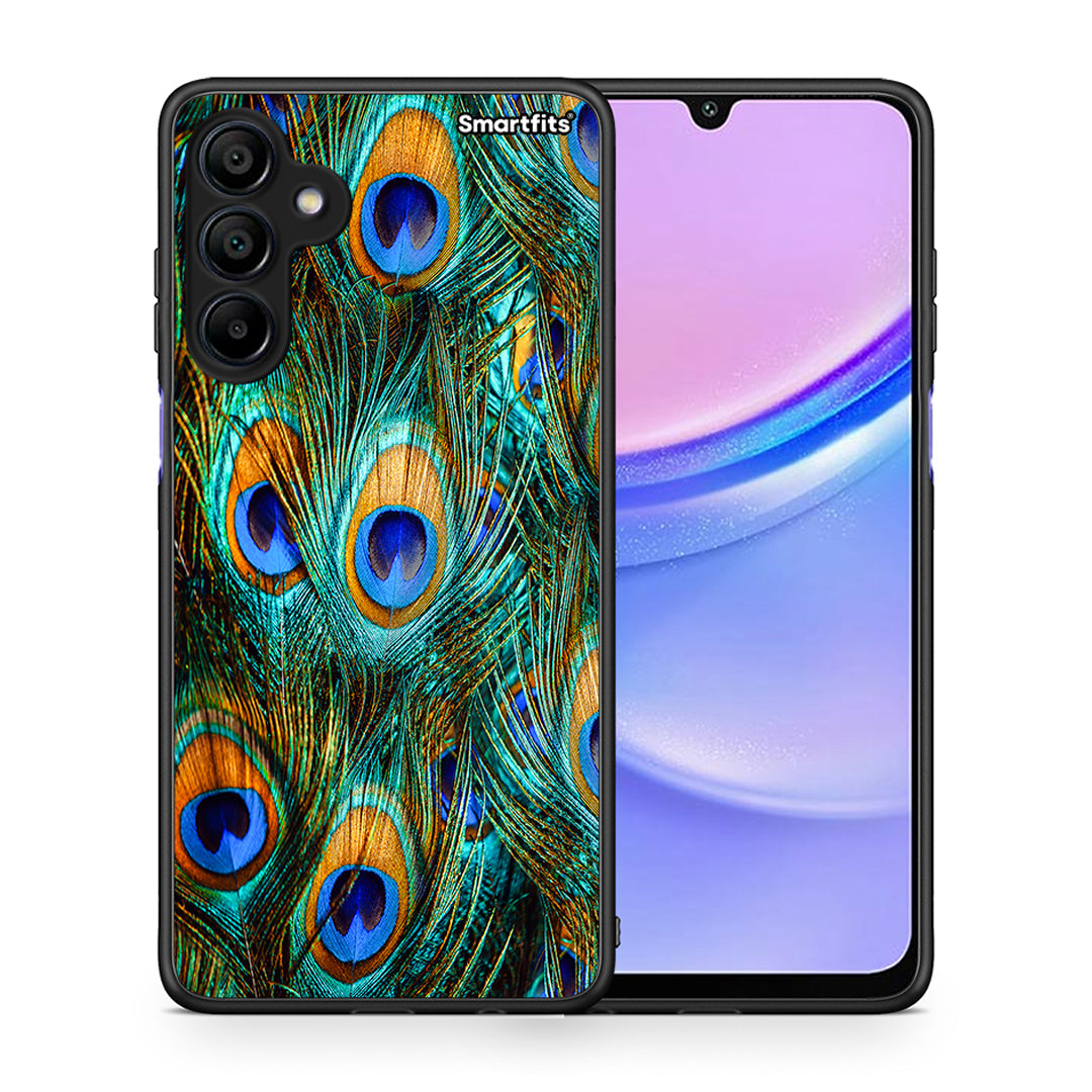 Θήκη Samsung Galaxy A15 4G Real Peacock Feathers από τη Smartfits με σχέδιο στο πίσω μέρος και μαύρο περίβλημα | Samsung Galaxy A15 4G Real Peacock Feathers case with colorful back and black bezels