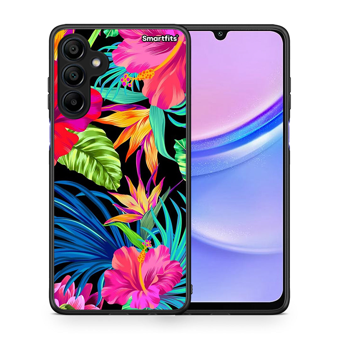 Θήκη Samsung Galaxy A15 4G Tropical Flowers από τη Smartfits με σχέδιο στο πίσω μέρος και μαύρο περίβλημα | Samsung Galaxy A15 4G Tropical Flowers case with colorful back and black bezels