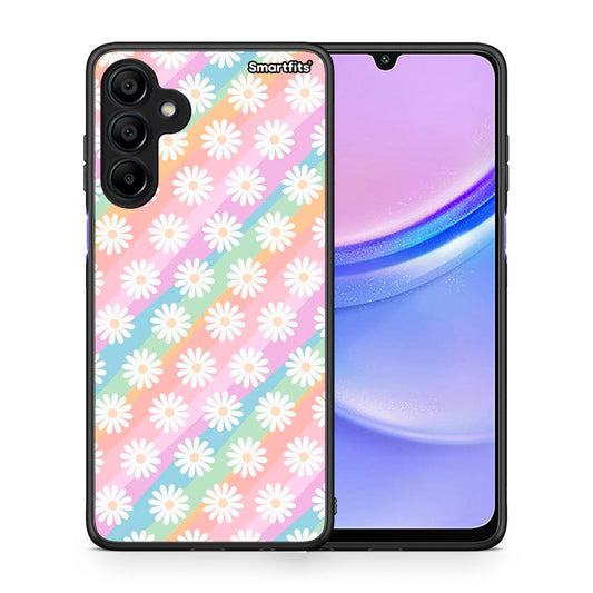 Θήκη Samsung Galaxy A15 4G White Daisies από τη Smartfits με σχέδιο στο πίσω μέρος και μαύρο περίβλημα | Samsung Galaxy A15 4G White Daisies case with colorful back and black bezels