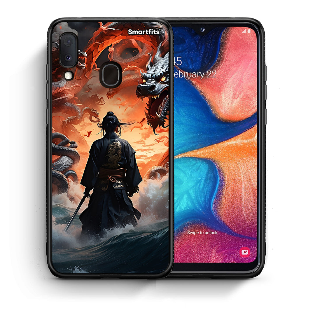 Θήκη Samsung A20e Dragons Fight από τη Smartfits με σχέδιο στο πίσω μέρος και μαύρο περίβλημα | Samsung A20e Dragons Fight case with colorful back and black bezels
