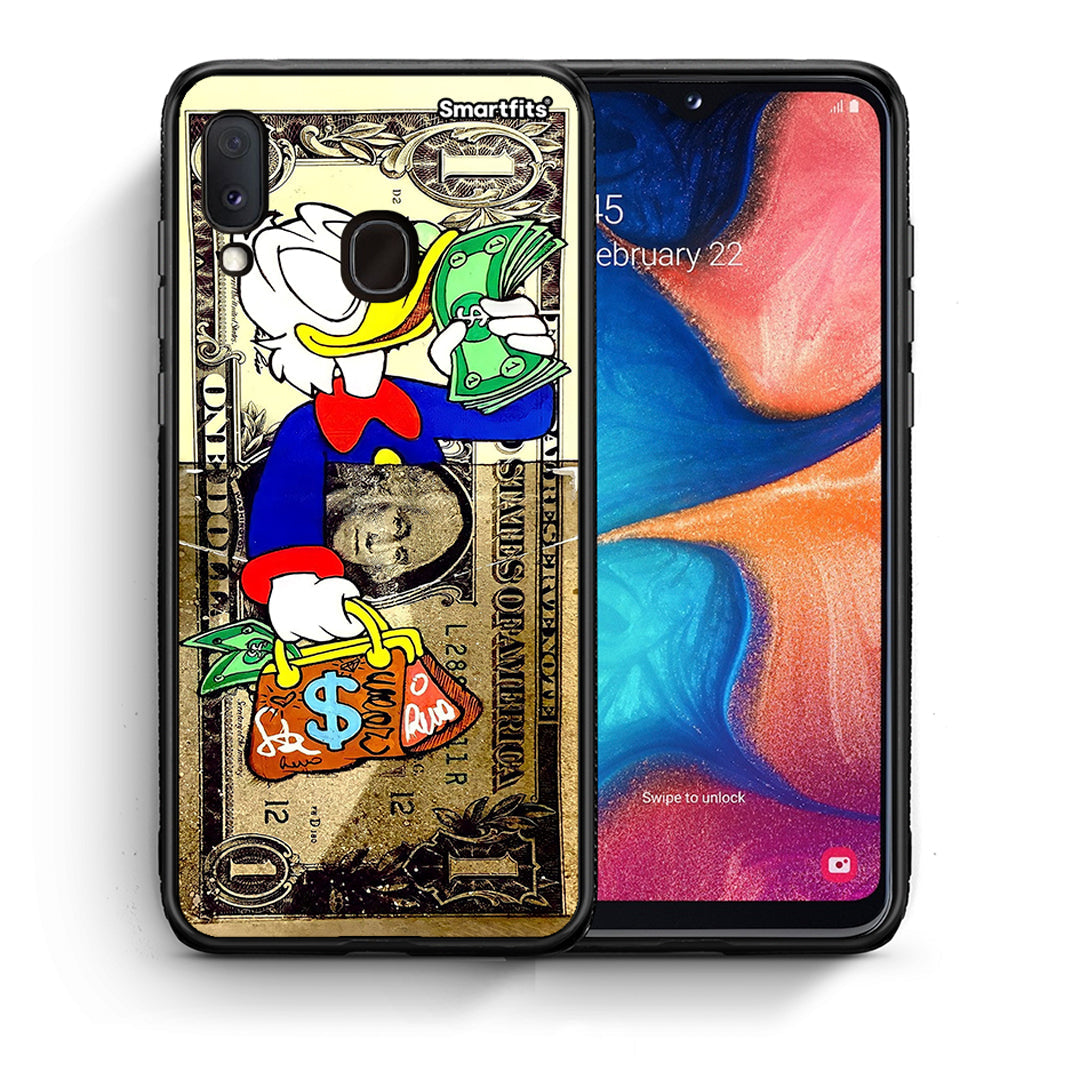 Θήκη Samsung A20e Duck Money από τη Smartfits με σχέδιο στο πίσω μέρος και μαύρο περίβλημα | Samsung A20e Duck Money case with colorful back and black bezels