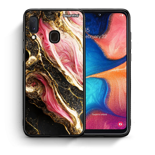 Θήκη Samsung A20e Glamorous Pink Marble από τη Smartfits με σχέδιο στο πίσω μέρος και μαύρο περίβλημα | Samsung A20e Glamorous Pink Marble case with colorful back and black bezels