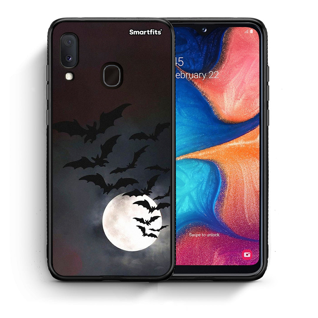Θήκη Samsung Galaxy A30 Halloween Bat Night από τη Smartfits με σχέδιο στο πίσω μέρος και μαύρο περίβλημα | Samsung Galaxy A30 Halloween Bat Night case with colorful back and black bezels