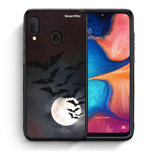 Θήκη Samsung Galaxy A30 Halloween Bat Night από τη Smartfits με σχέδιο στο πίσω μέρος και μαύρο περίβλημα | Samsung Galaxy A30 Halloween Bat Night case with colorful back and black bezels