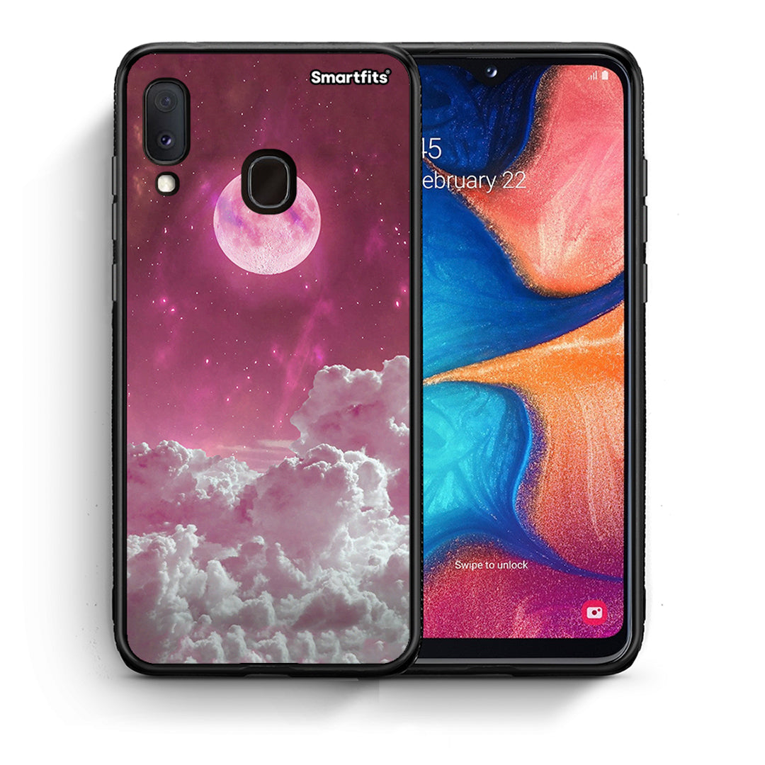 Θήκη Samsung A20e Pink Moon από τη Smartfits με σχέδιο στο πίσω μέρος και μαύρο περίβλημα | Samsung A20e Pink Moon case with colorful back and black bezels