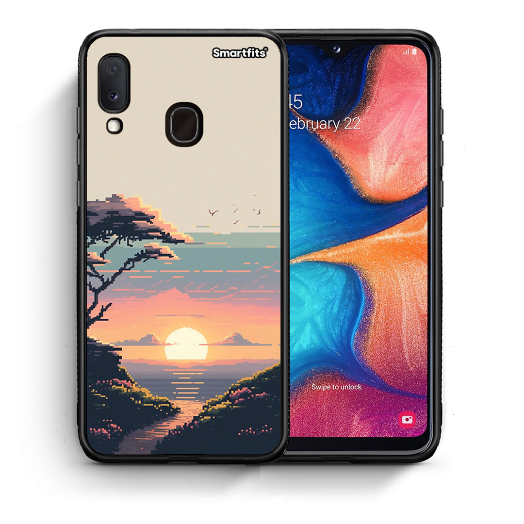 Θήκη Samsung A20e Pixel Sunset από τη Smartfits με σχέδιο στο πίσω μέρος και μαύρο περίβλημα | Samsung A20e Pixel Sunset case with colorful back and black bezels