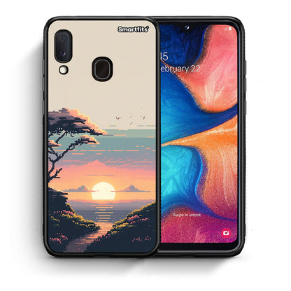 Θήκη Samsung Galaxy M20 Pixel Sunset από τη Smartfits με σχέδιο στο πίσω μέρος και μαύρο περίβλημα | Samsung Galaxy M20 Pixel Sunset case with colorful back and black bezels