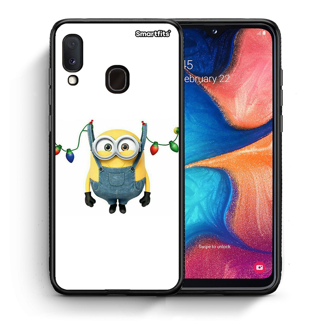 Θήκη Samsung A20e Xmas Minion Lights από τη Smartfits με σχέδιο στο πίσω μέρος και μαύρο περίβλημα | Samsung A20e Xmas Minion Lights case with colorful back and black bezels