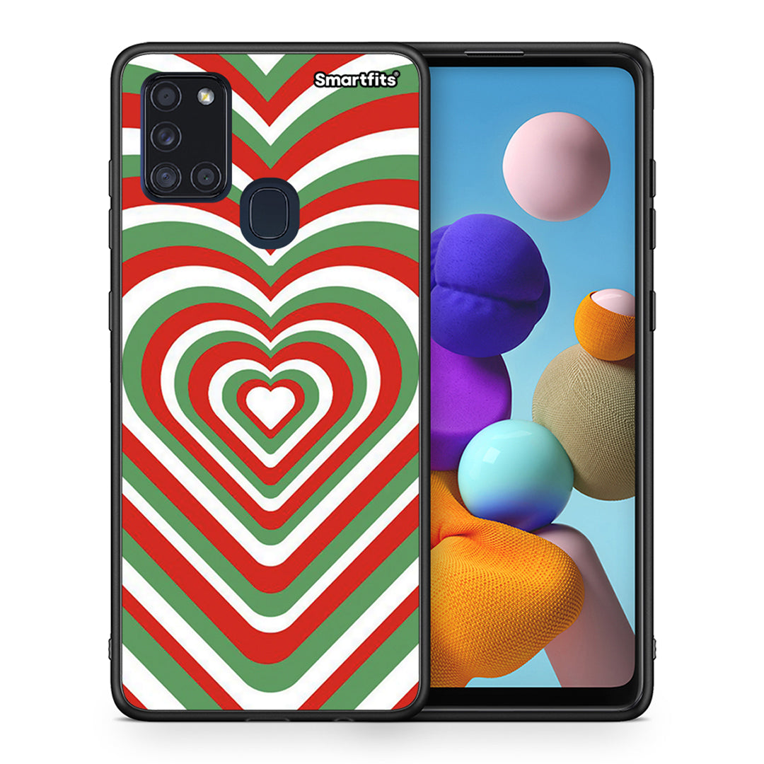 Θήκη Samsung A21s Christmas Hearts από τη Smartfits με σχέδιο στο πίσω μέρος και μαύρο περίβλημα | Samsung A21s Christmas Hearts case with colorful back and black bezels