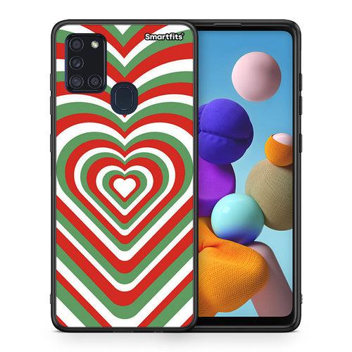 Θήκη Samsung A21s Christmas Hearts από τη Smartfits με σχέδιο στο πίσω μέρος και μαύρο περίβλημα | Samsung A21s Christmas Hearts case with colorful back and black bezels