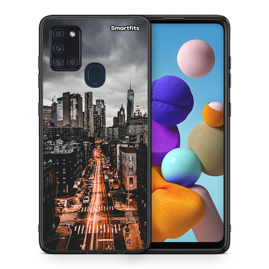 Θήκη Samsung A21s City Lights από τη Smartfits με σχέδιο στο πίσω μέρος και μαύρο περίβλημα | Samsung A21s City Lights case with colorful back and black bezels