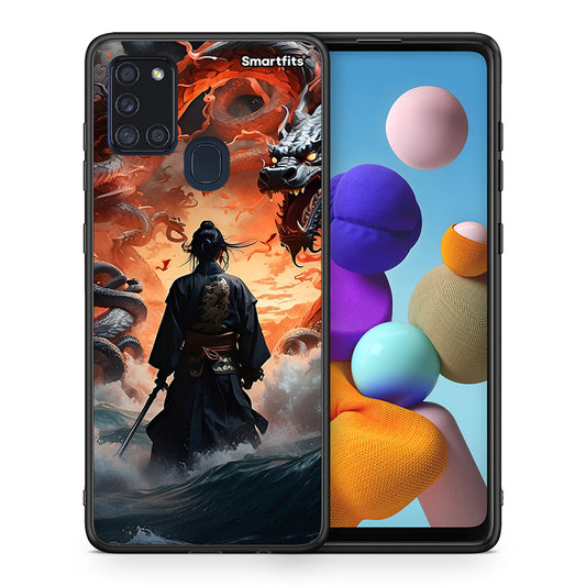 Θήκη Samsung A21s Dragons Fight από τη Smartfits με σχέδιο στο πίσω μέρος και μαύρο περίβλημα | Samsung A21s Dragons Fight case with colorful back and black bezels
