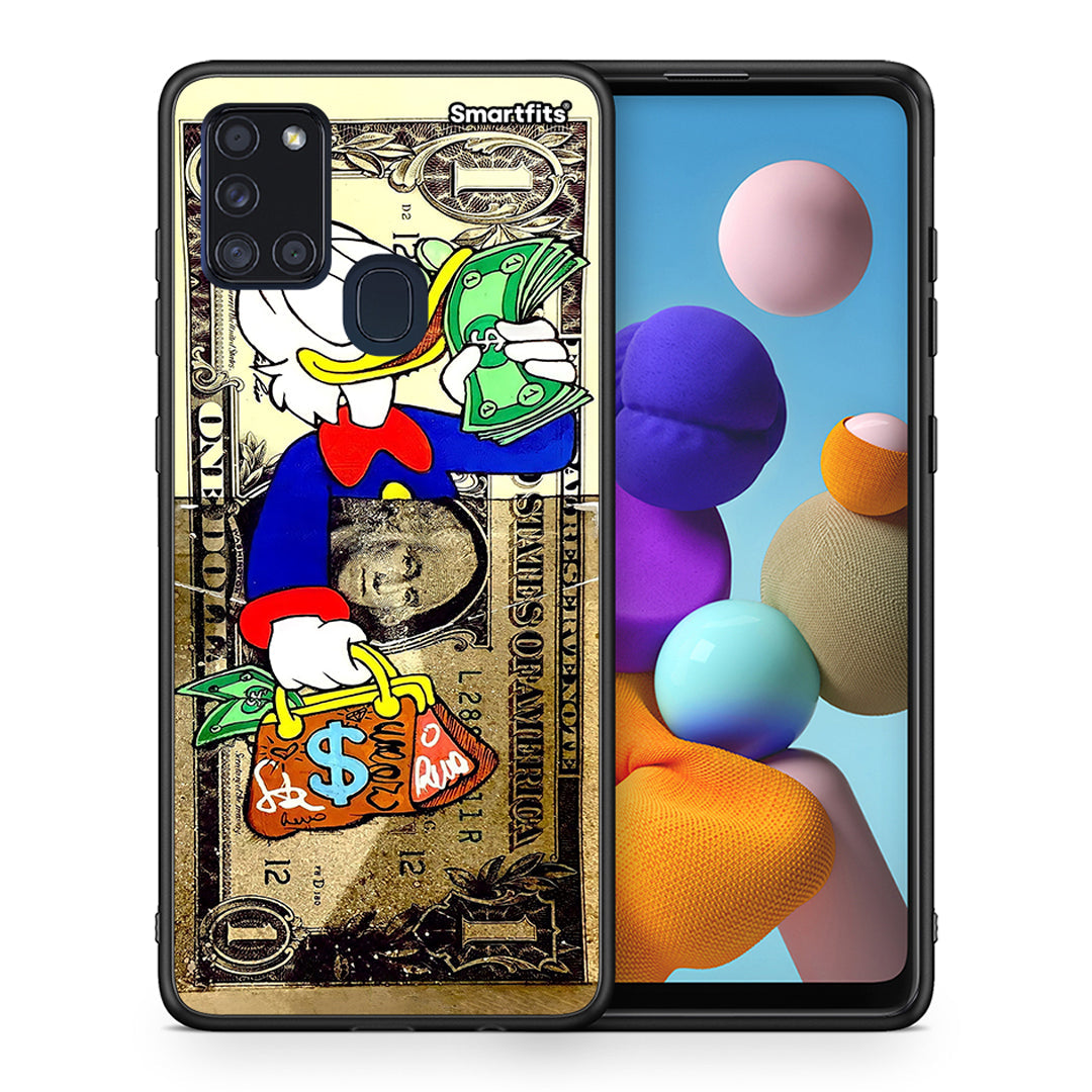 Θήκη Samsung A21s Duck Money από τη Smartfits με σχέδιο στο πίσω μέρος και μαύρο περίβλημα | Samsung A21s Duck Money case with colorful back and black bezels