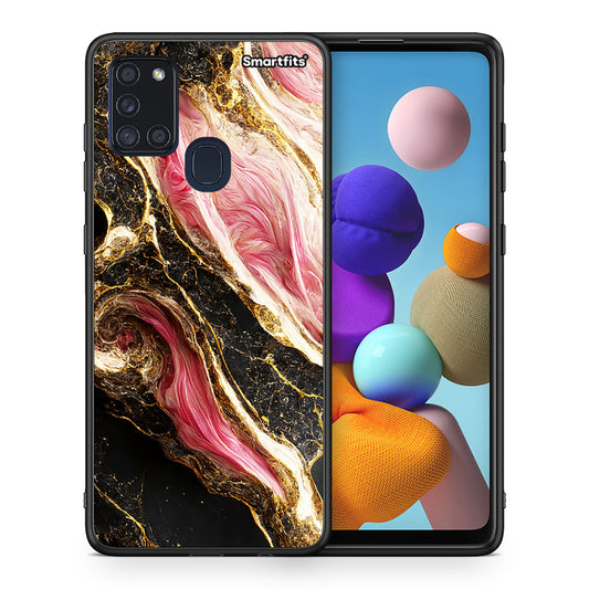 Θήκη Samsung A21s Glamorous Pink Marble από τη Smartfits με σχέδιο στο πίσω μέρος και μαύρο περίβλημα | Samsung A21s Glamorous Pink Marble case with colorful back and black bezels