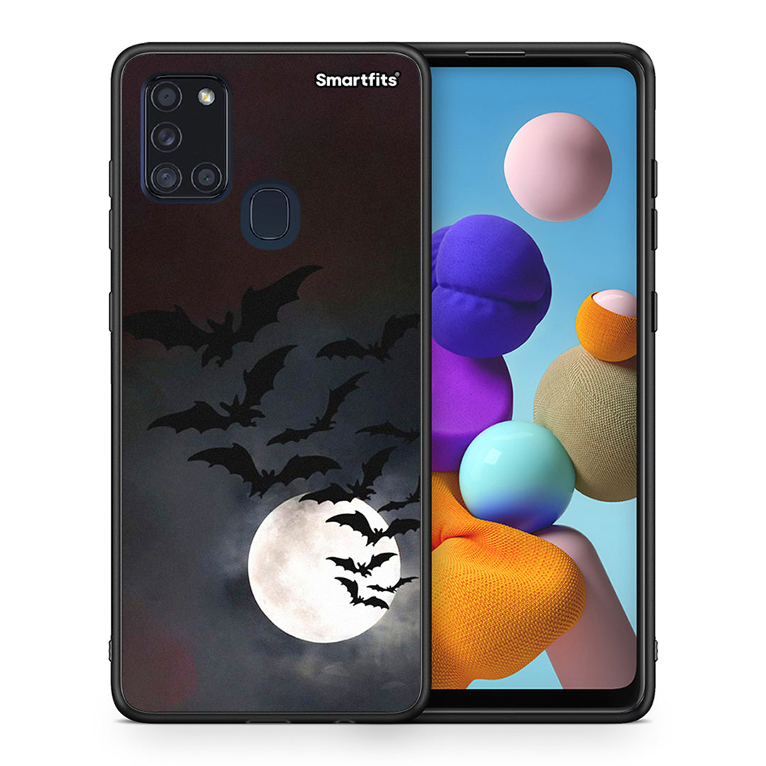 Θήκη Samsung A21s Halloween Bat Night από τη Smartfits με σχέδιο στο πίσω μέρος και μαύρο περίβλημα | Samsung A21s Halloween Bat Night case with colorful back and black bezels