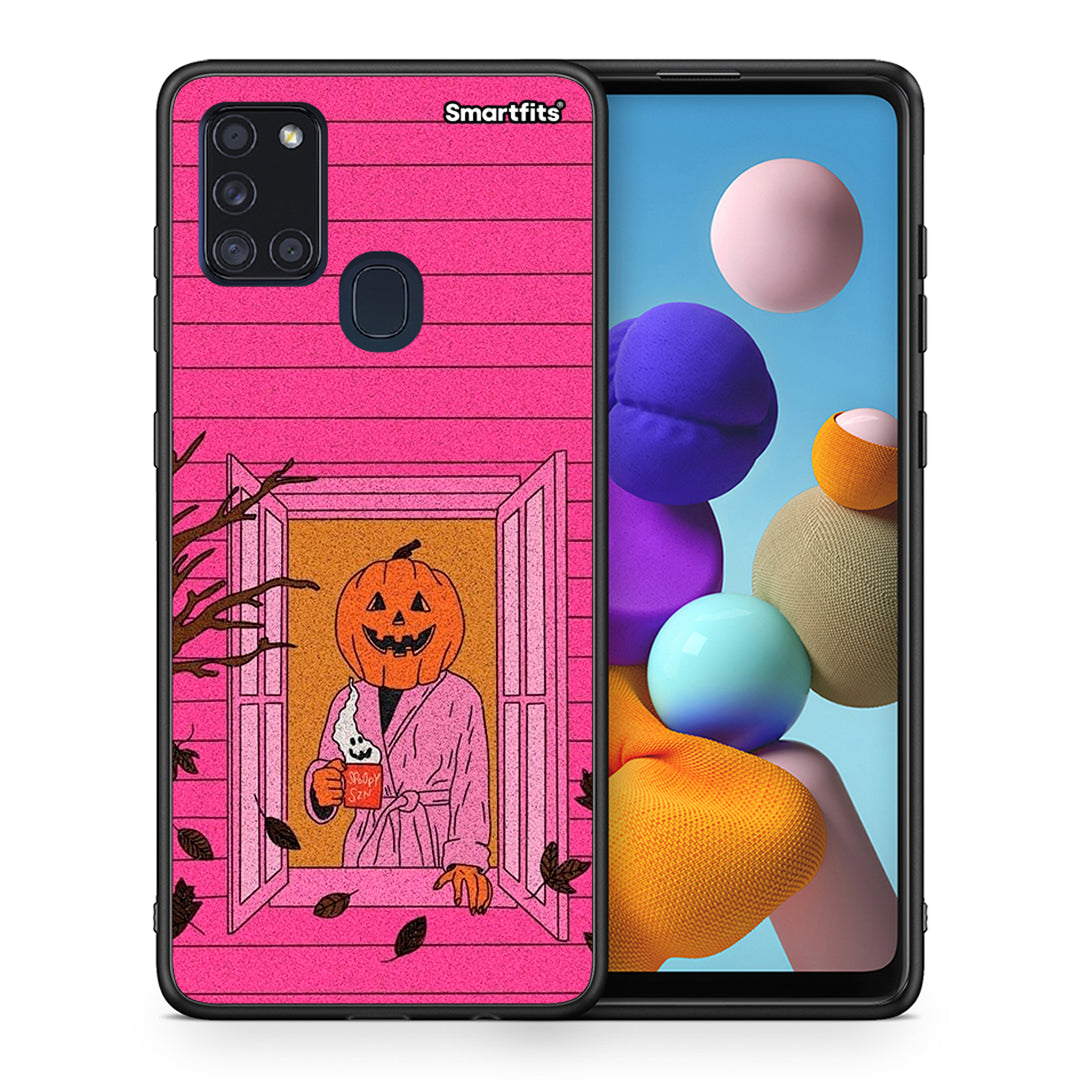Θήκη Samsung A21s Halloween Pumpkin Lady από τη Smartfits με σχέδιο στο πίσω μέρος και μαύρο περίβλημα | Samsung A21s Halloween Pumpkin Lady case with colorful back and black bezels