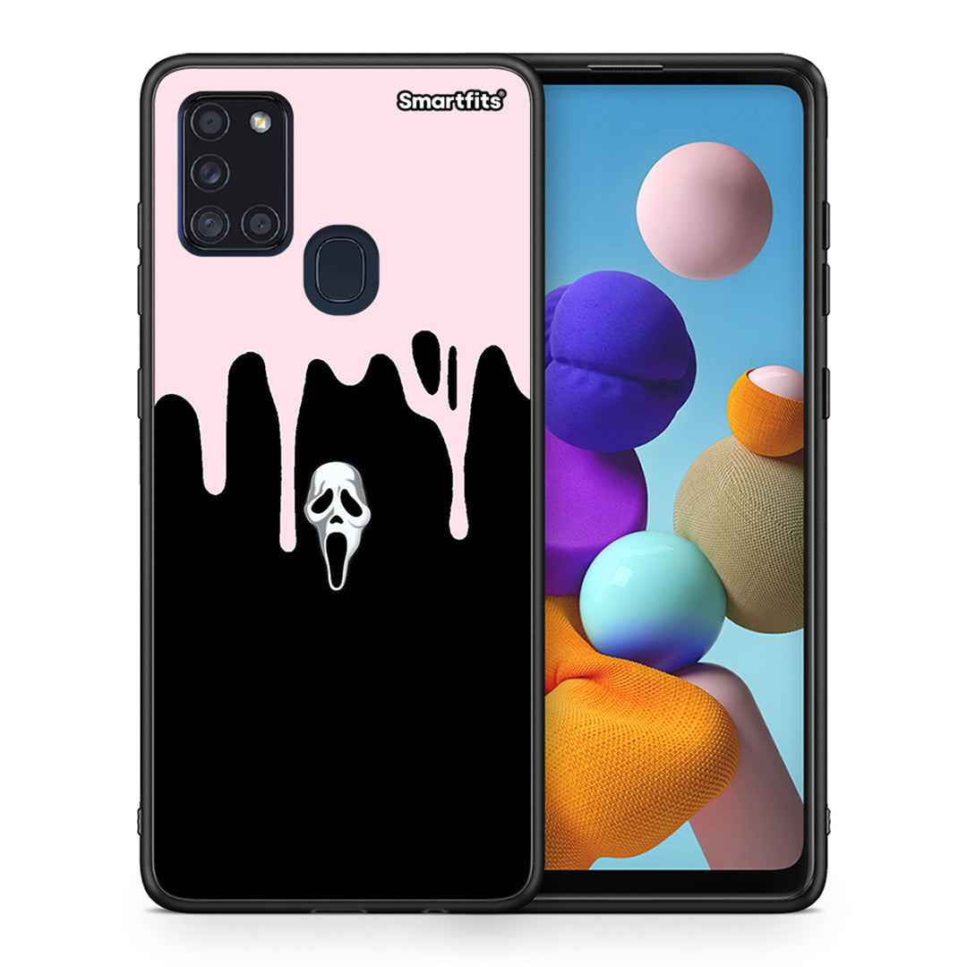 Θήκη Samsung A21s Melting Halloween Mask από τη Smartfits με σχέδιο στο πίσω μέρος και μαύρο περίβλημα | Samsung A21s Melting Halloween Mask case with colorful back and black bezels