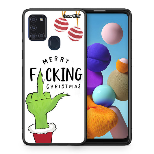 Θήκη Samsung A21s Merry F Xmas από τη Smartfits με σχέδιο στο πίσω μέρος και μαύρο περίβλημα | Samsung A21s Merry F Xmas case with colorful back and black bezels