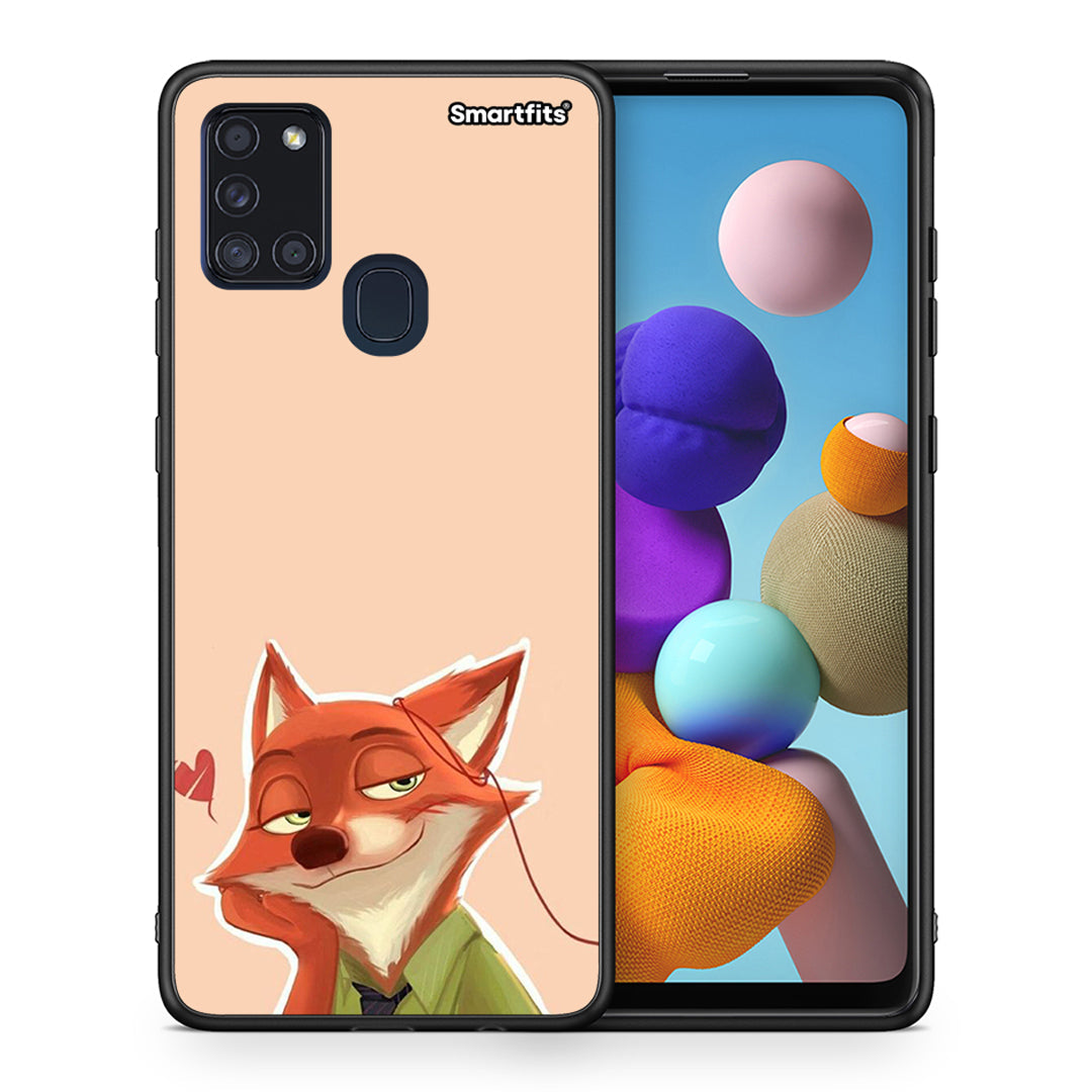 Θήκη Samsung A21s Nick Wilde And Judy Hopps Love 1 από τη Smartfits με σχέδιο στο πίσω μέρος και μαύρο περίβλημα | Samsung A21s Nick Wilde And Judy Hopps Love 1 case with colorful back and black bezels