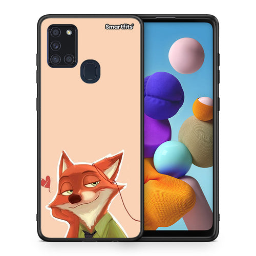 Θήκη Samsung A21s Nick Wilde And Judy Hopps Love 1 από τη Smartfits με σχέδιο στο πίσω μέρος και μαύρο περίβλημα | Samsung A21s Nick Wilde And Judy Hopps Love 1 case with colorful back and black bezels