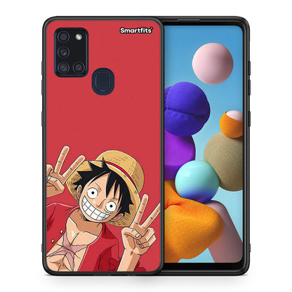 Θήκη Samsung A21s Pirate Luffy από τη Smartfits με σχέδιο στο πίσω μέρος και μαύρο περίβλημα | Samsung A21s Pirate Luffy case with colorful back and black bezels