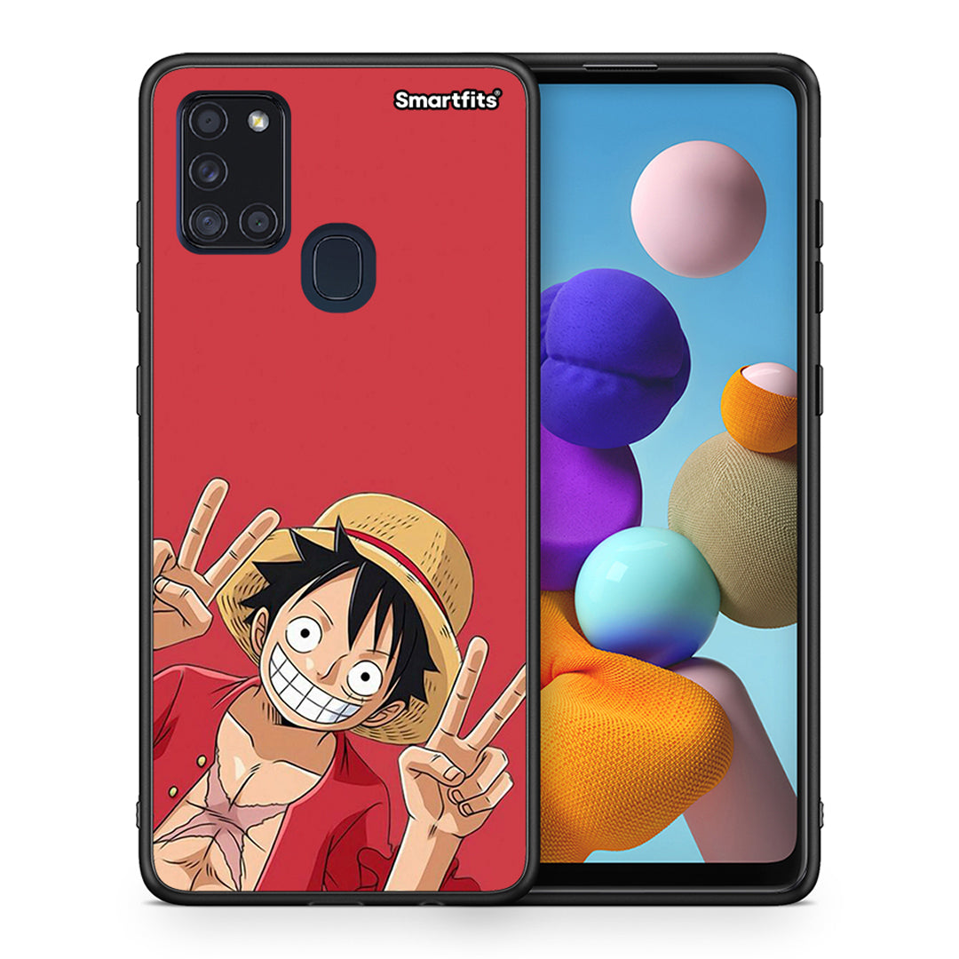 Θήκη Samsung A21s Pirate Luffy από τη Smartfits με σχέδιο στο πίσω μέρος και μαύρο περίβλημα | Samsung A21s Pirate Luffy case with colorful back and black bezels